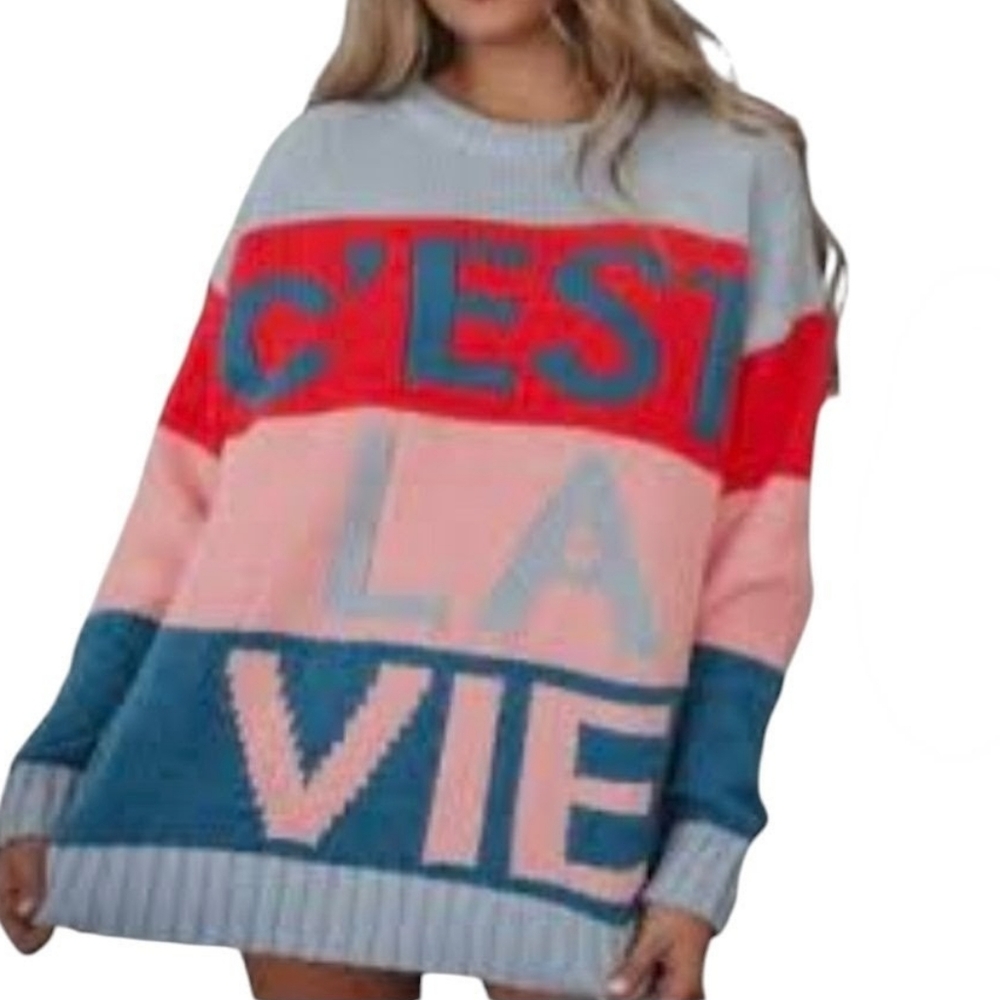Impressions Colorblock 'C'EST LA VIE' Crewneck Sweater - Red, Pink, Blue, Gray